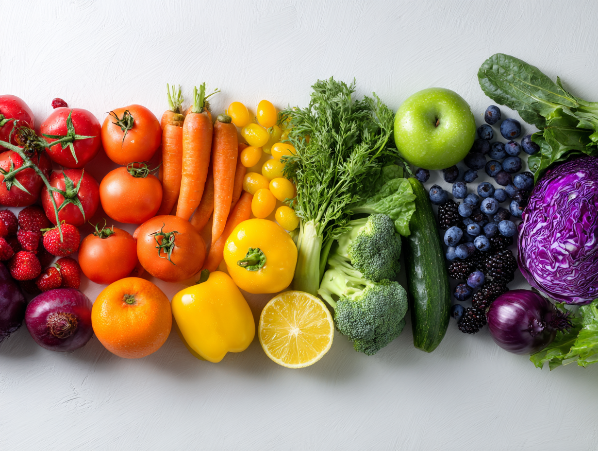 Збалансований і красиво оформлений обід із свіжих овочів, фруктів та здорових інгредієнтів